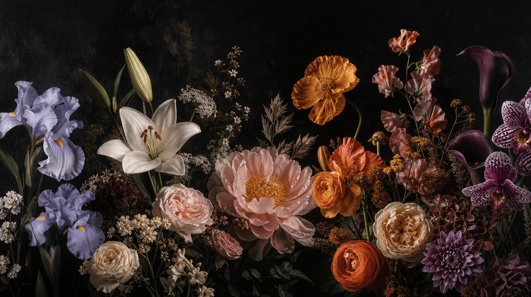 Four distinct interpretations of one floral still life blended into a seamless editorial panorama: realistic petals, pai