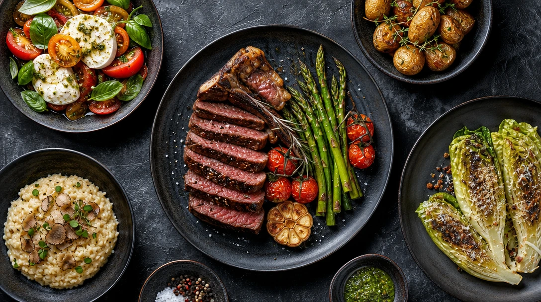Overhead aerial food photography on a dark textured stone surface — a central hero dish with impeccable plating surround