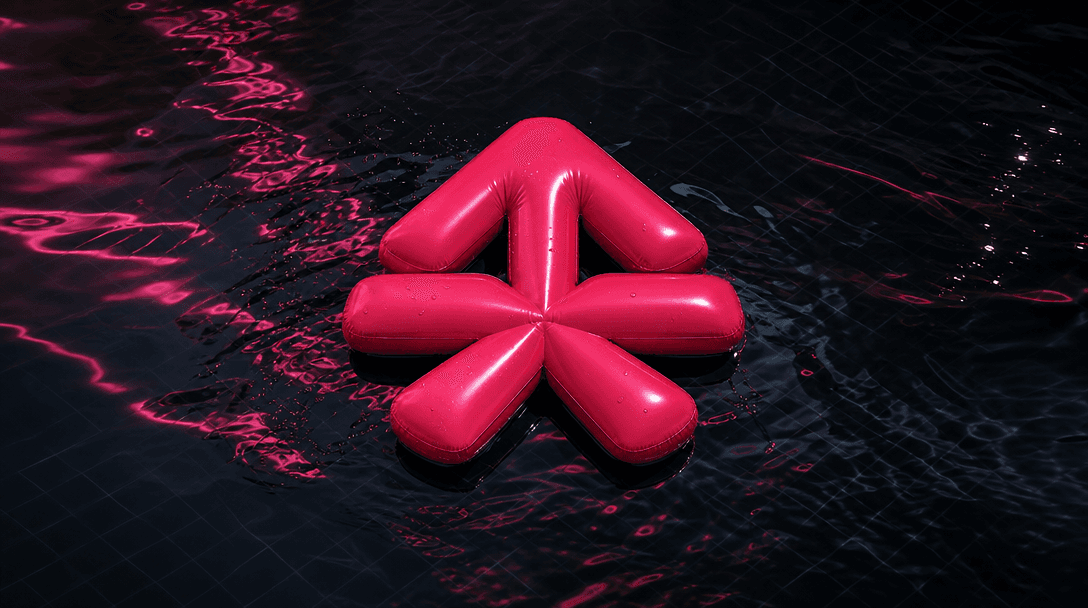 A premium campaign still of a vibrant inflated emblem centered in a black-tiled pool, surrounded by subtle light trails,
