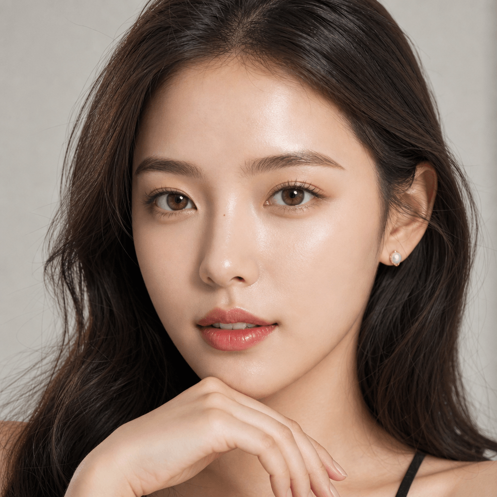 Beauty shot with glass skin aesthetic, luminous poreless skin appearance, sophisticated makeup, natural professional lig