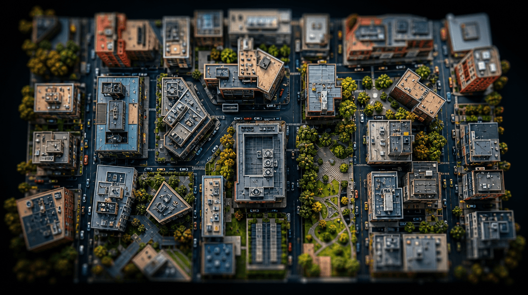 Straight-down aerial view of a miniature city district — buildings from multiple orientations, rooftop mechanical plant