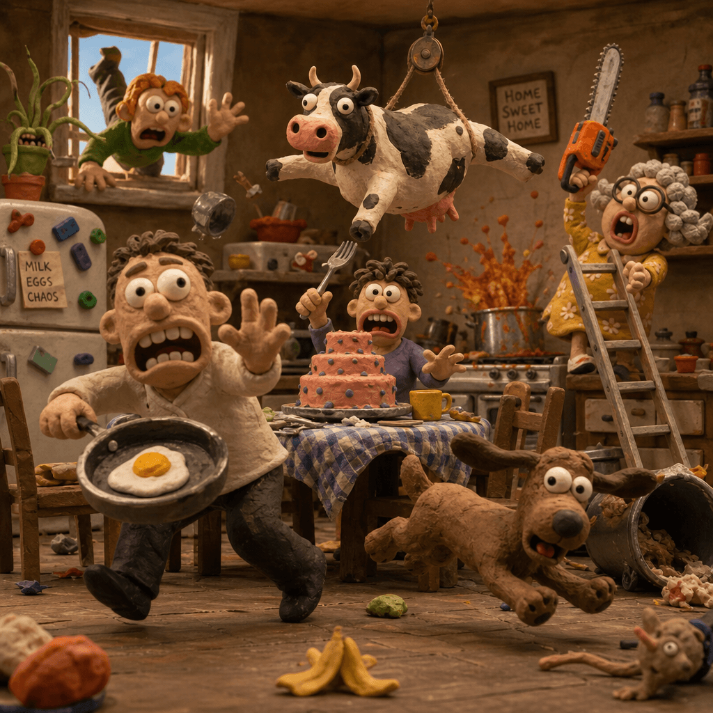 Absurd scene with multiple clay characters in ridiculous situation, chaos composition, warm lighting highlighting clay t
