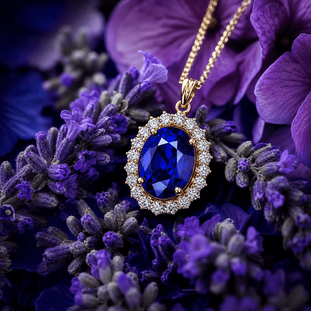 Sapphire pendant surrounded by lavender and purple flowers in botanical arrangement, luxury product styling emphasizing