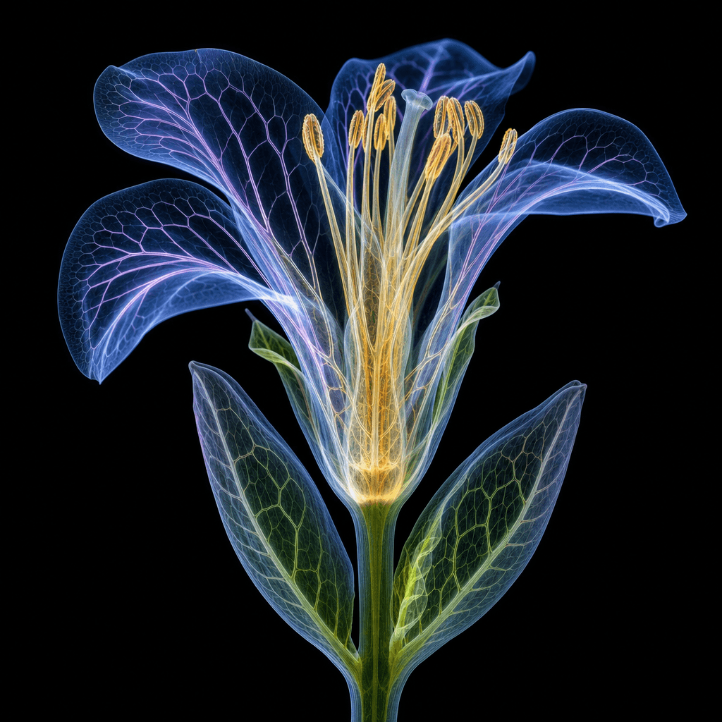 Botanical X-ray effect on flower or plant, internal structure and vascular system visible, glowing organic lines, artist