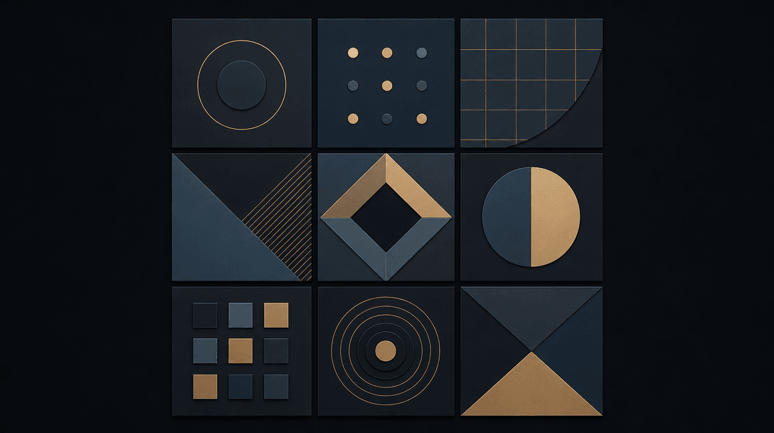 Abstract nine-fold geometric grid visualization. Nine equal squares with subtle variations, symmetrical balance, clean l