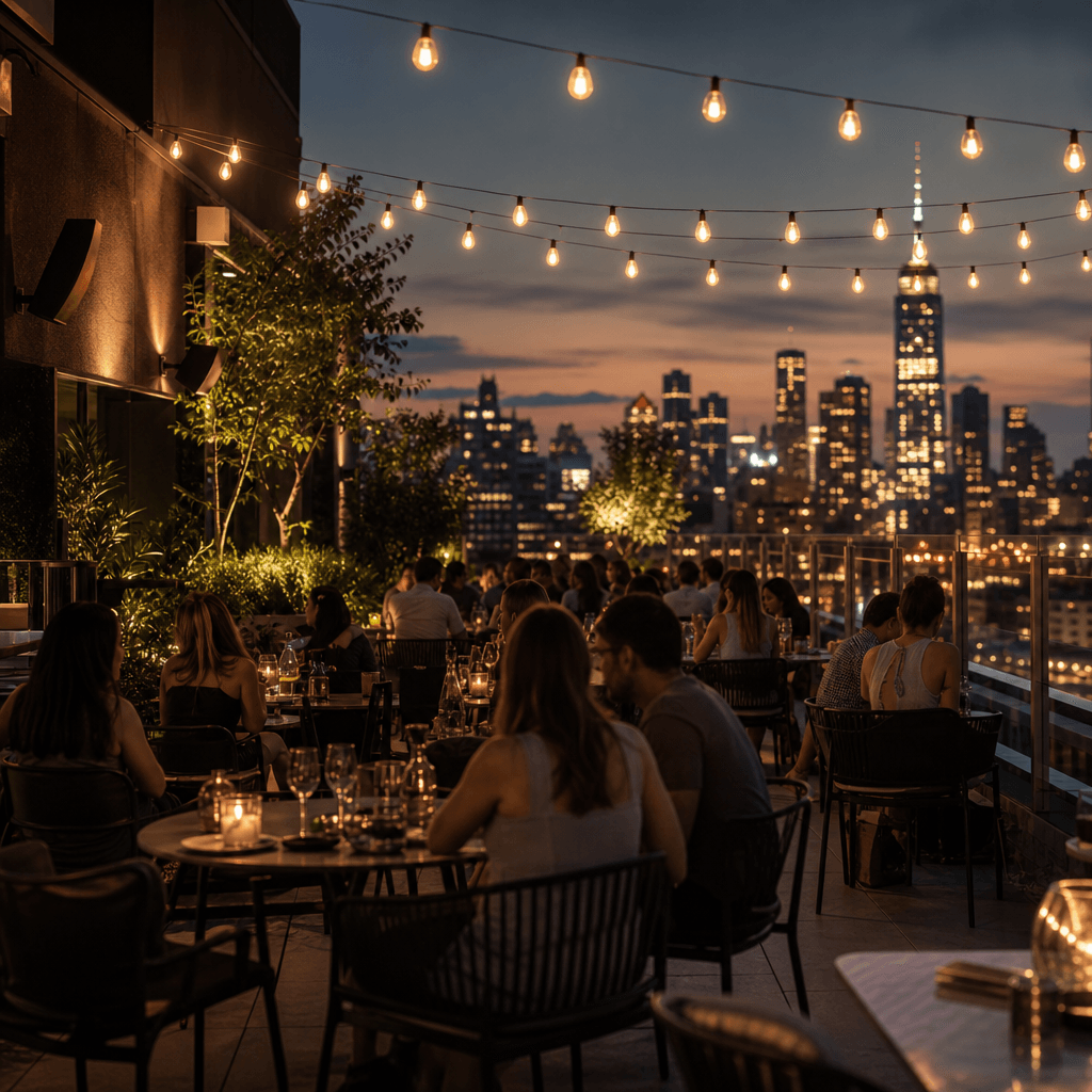 An evening rooftop terrace restaurant render populated with guests at outdoor tables under warm string lights, city skyl