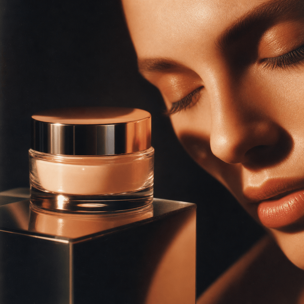Luxury skincare jar on a mirrored pedestal beside an anonymous model's softly lit face, extreme close-up, 1980s editoria