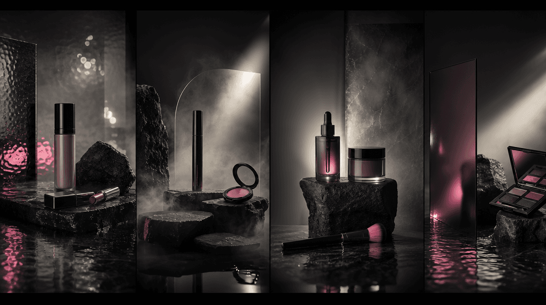 Four coordinated abstract beauty campaign sets arranged as a seamless panoramic study, using fog, wet stone, smoked mirr