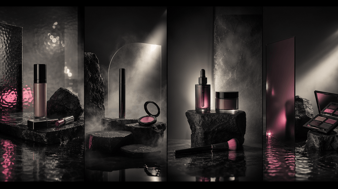 Four coordinated abstract beauty campaign sets arranged as a seamless panoramic study, using fog, wet stone, smoked mirr
