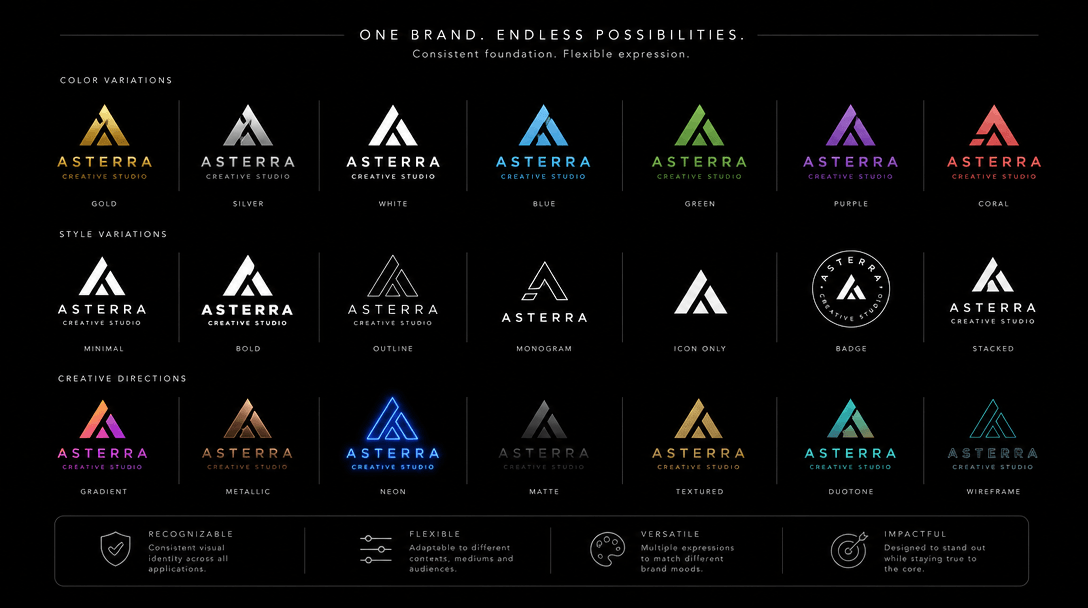 Multiple versions of brand logo in different color variants and styles, arranged to show customization possibilities, br