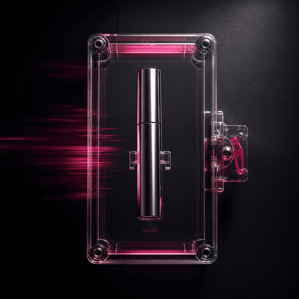 A metallic mascara tube suspended inside a transparent emergency case, cinematic beauty product scene, deep charcoal bac