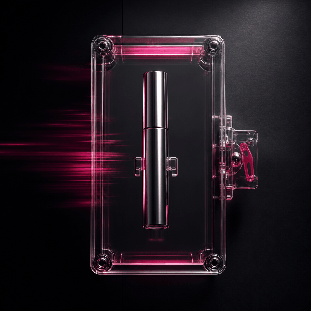 A metallic mascara tube suspended inside a transparent emergency case, cinematic beauty product scene, deep charcoal bac