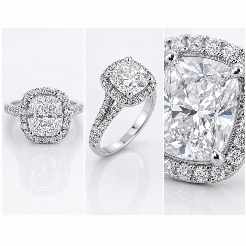 Luxury engagement ring triptych: front center setting, side 45-degree profile, close-up diamond detail, three frames arr