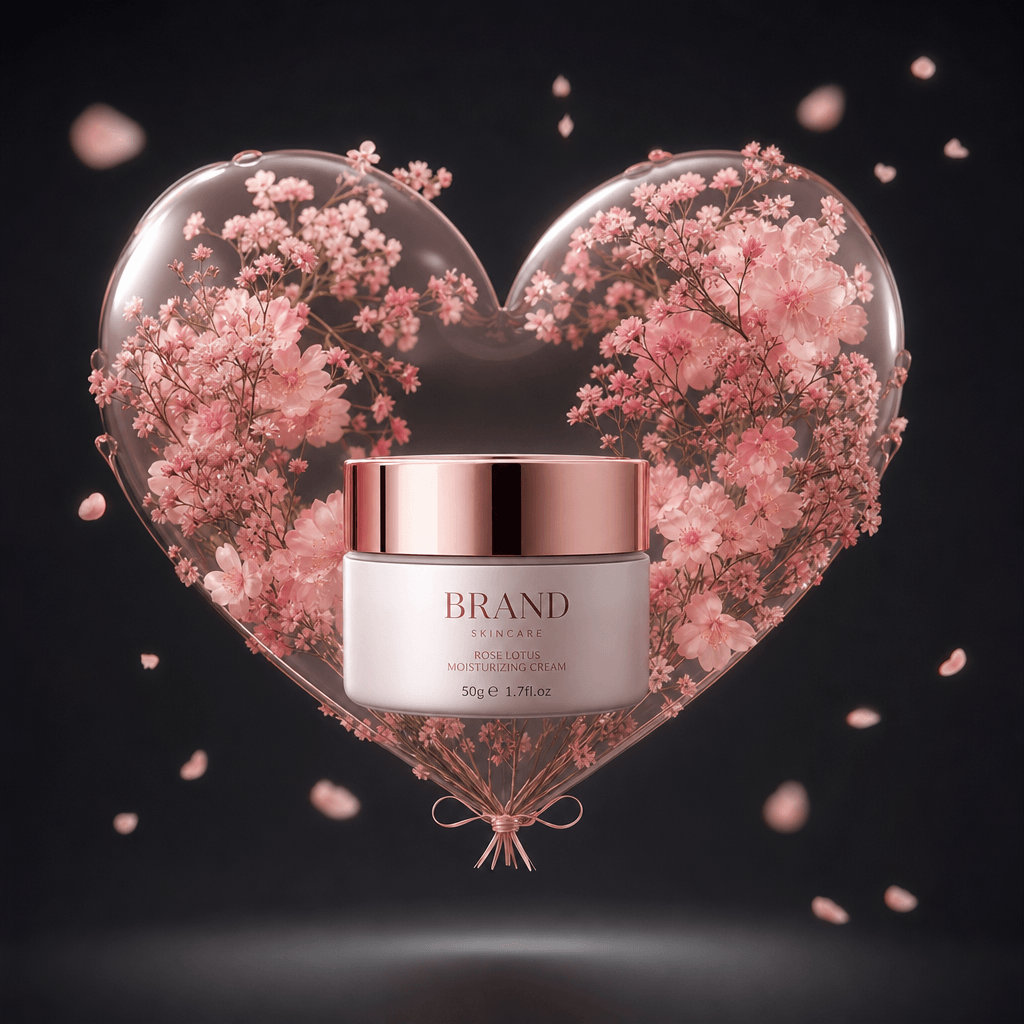 Skincare jar surrounded by delicate pink floral heart balloon, soft floating effect, professional product photography, d