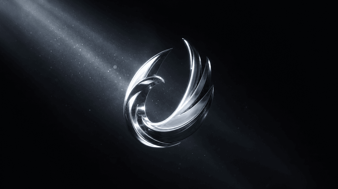 Cinematic logo reveal concept: a chrome brand mark suspended in deep black space, catching a sweeping directional light