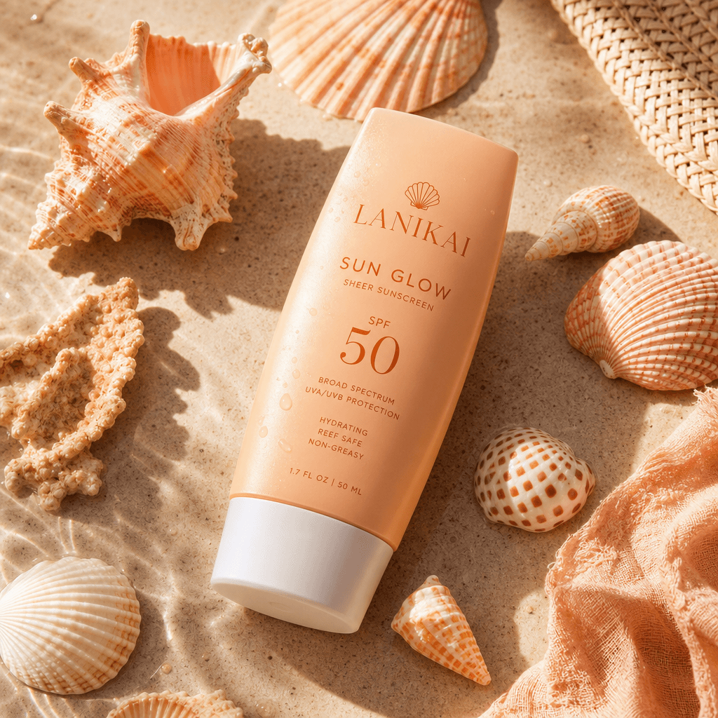 A vibrant sunlit shell flatlay featuring a beauty product, with soft shadows and a warm color palette, creating an invit