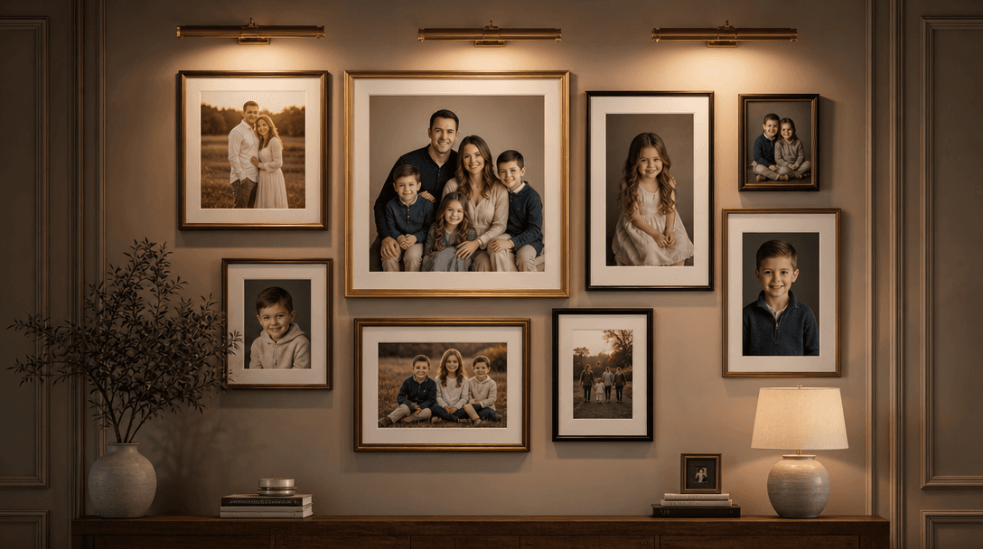Composition and arrangement. Portrait gallery wall with multiple framed family portraits. Professional display, warm lig
