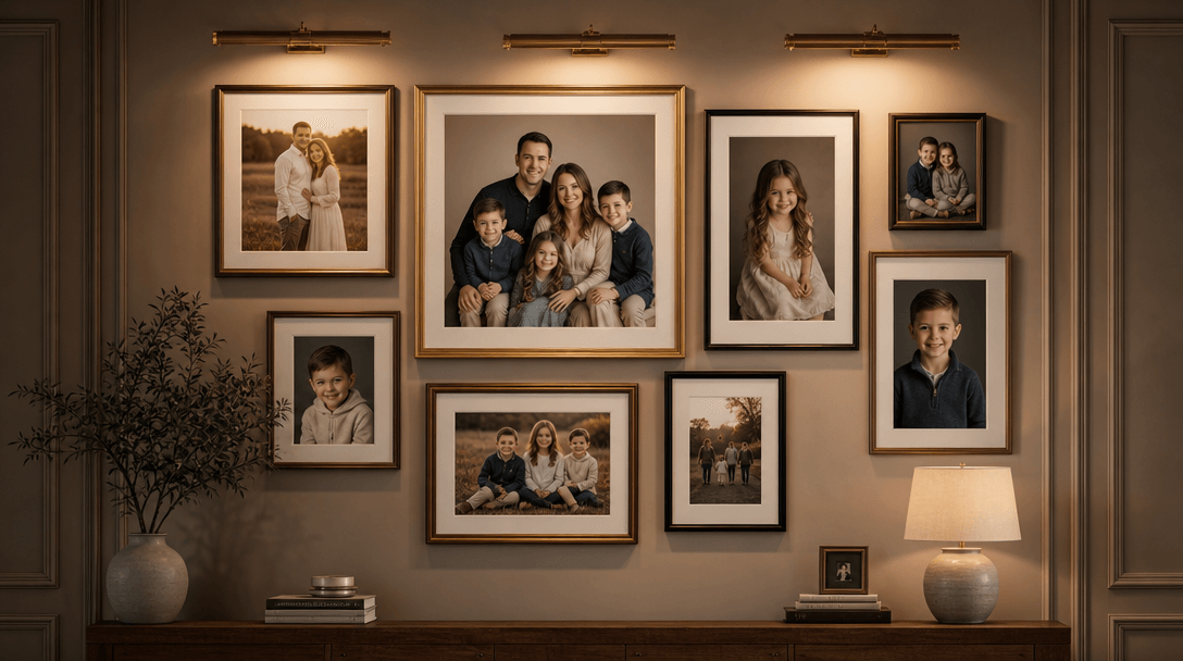 Composition and arrangement. Portrait gallery wall with multiple framed family portraits. Professional display, warm lig