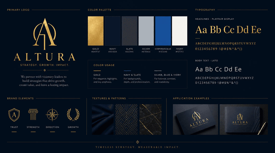 Brand identity visual - color palette swatches with gold, navy, and corporate accents, typography samples, professional