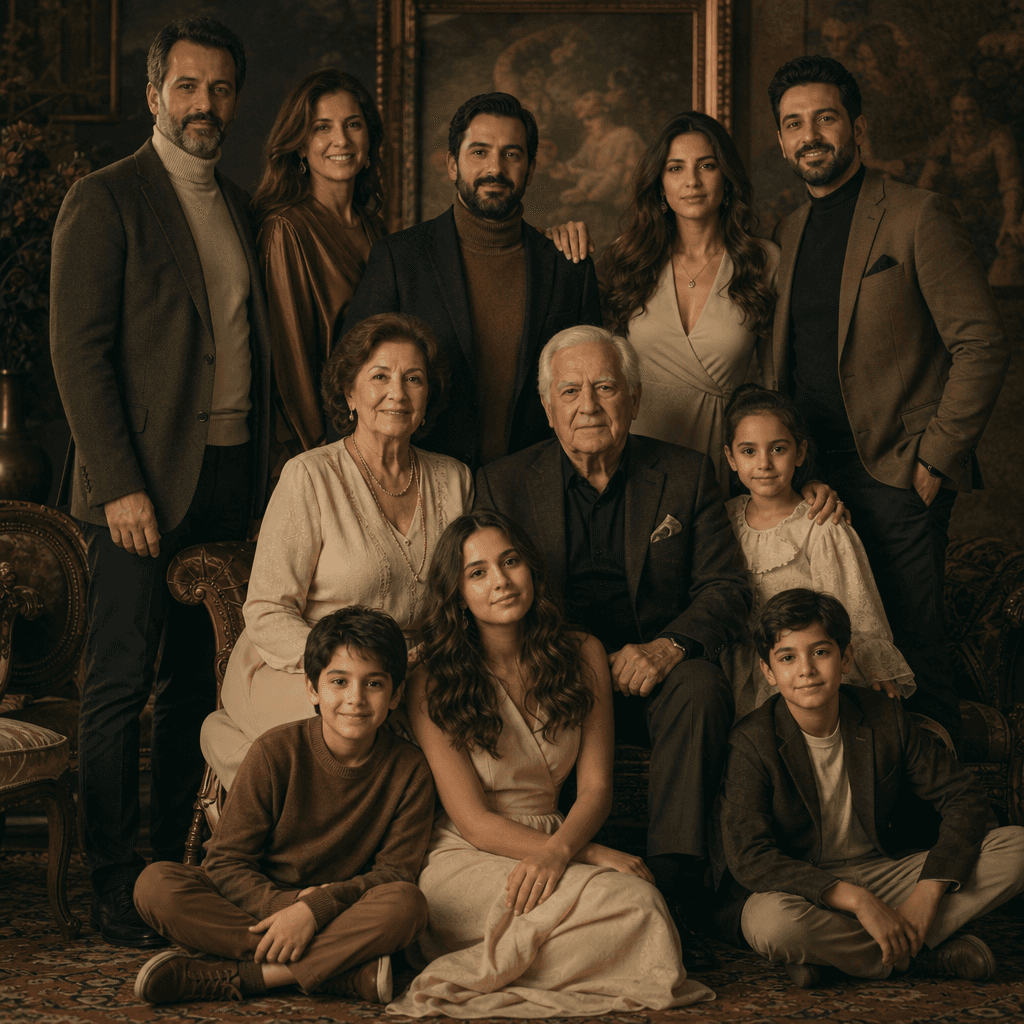 Dramatic generational family portrait with emotional depth. Multiple generations unified in artistic composition. Cinema