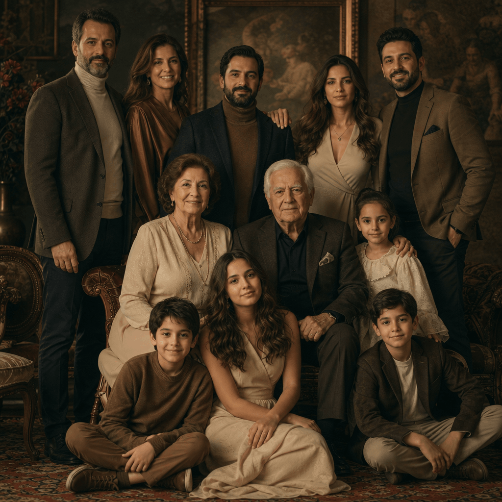Dramatic generational family portrait with emotional depth. Multiple generations unified in artistic composition. Cinema