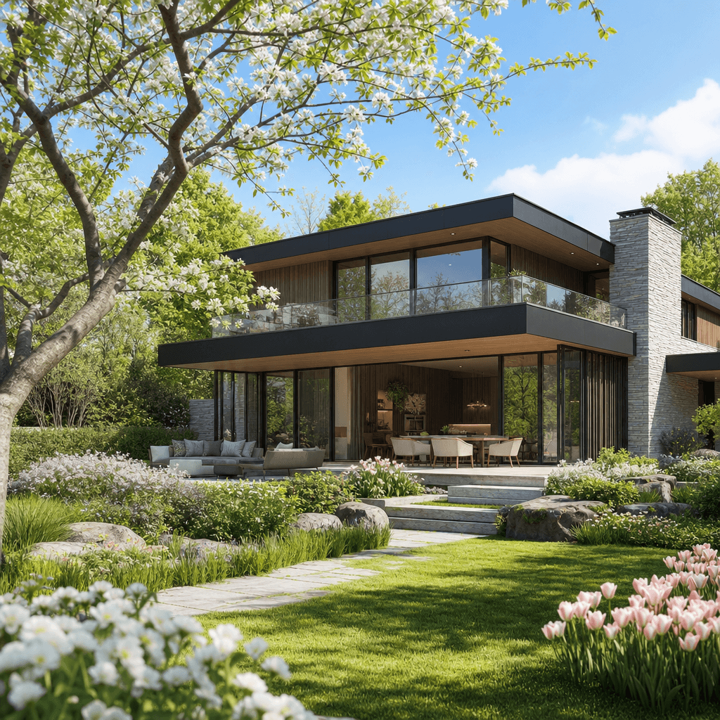 Contemporary house with spring landscape. Green flowering trees, blooming garden, building integrated naturally. Fresh s