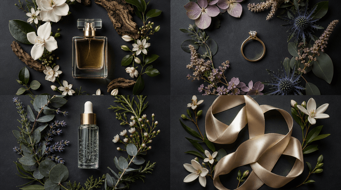 Editorial flatlay grid: four small premium products — a perfume bottle, a ring, a glass serum vial, a silk ribbon — each