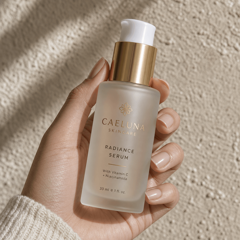 Create a close-up shot of a beauty product held in a hand against a textured background, emphasizing the product's detai