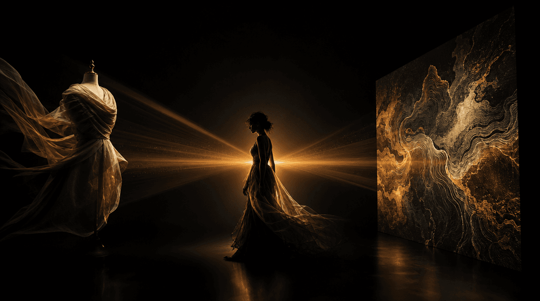 Cinematic wide-angle dark studio shot: three fashion elements — a draped garment form, a softly lit model silhouette, an