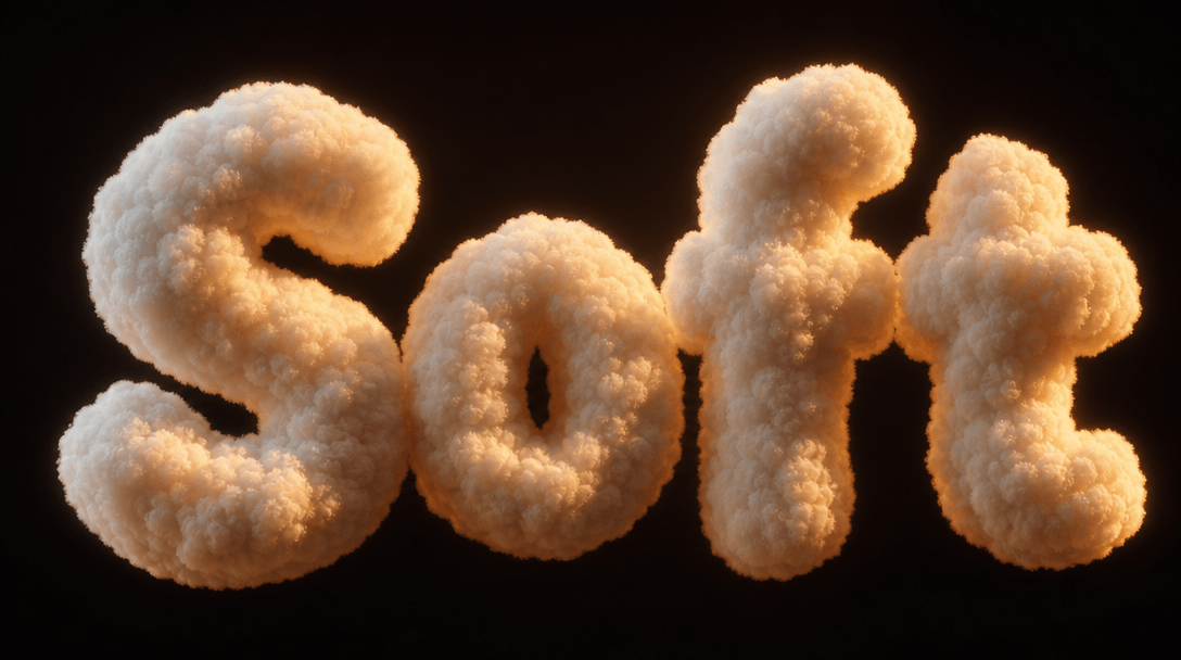 Close-up of fluffy 3D text geometry rendered with cloud-like surface detail. Warm studio lighting creates soft shadows a