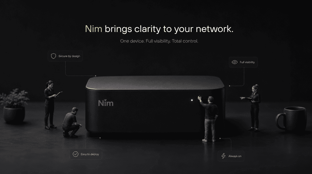 Product shot with miniature team figures appearing and positioning themselves, Nim brand subtle dark interface hints, pr