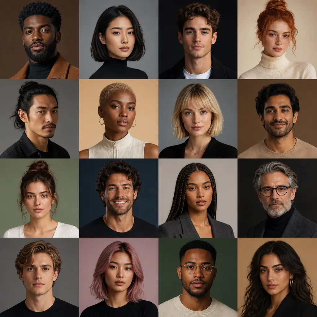 Grid of diverse AI avatars in different skin tones, hairstyles and styles, each professionally lit, studio lighting setu