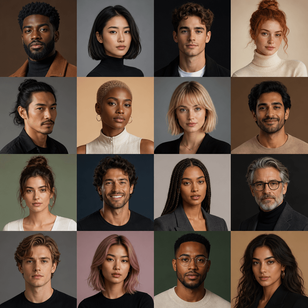 Grid of diverse AI avatars in different skin tones, hairstyles and styles, each professionally lit, studio lighting setu