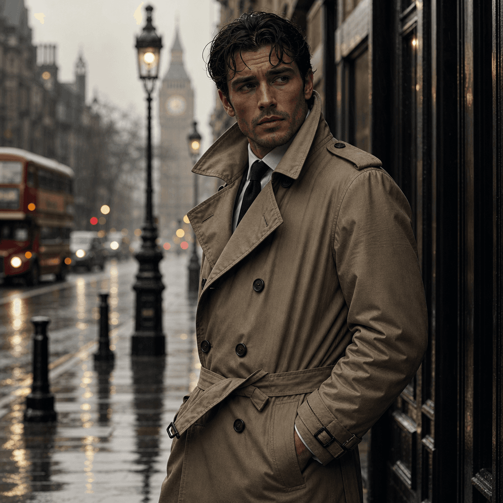A high-resolution portrait of a model in a trench coat, standing confidently in a rainy street, capturing the essence of