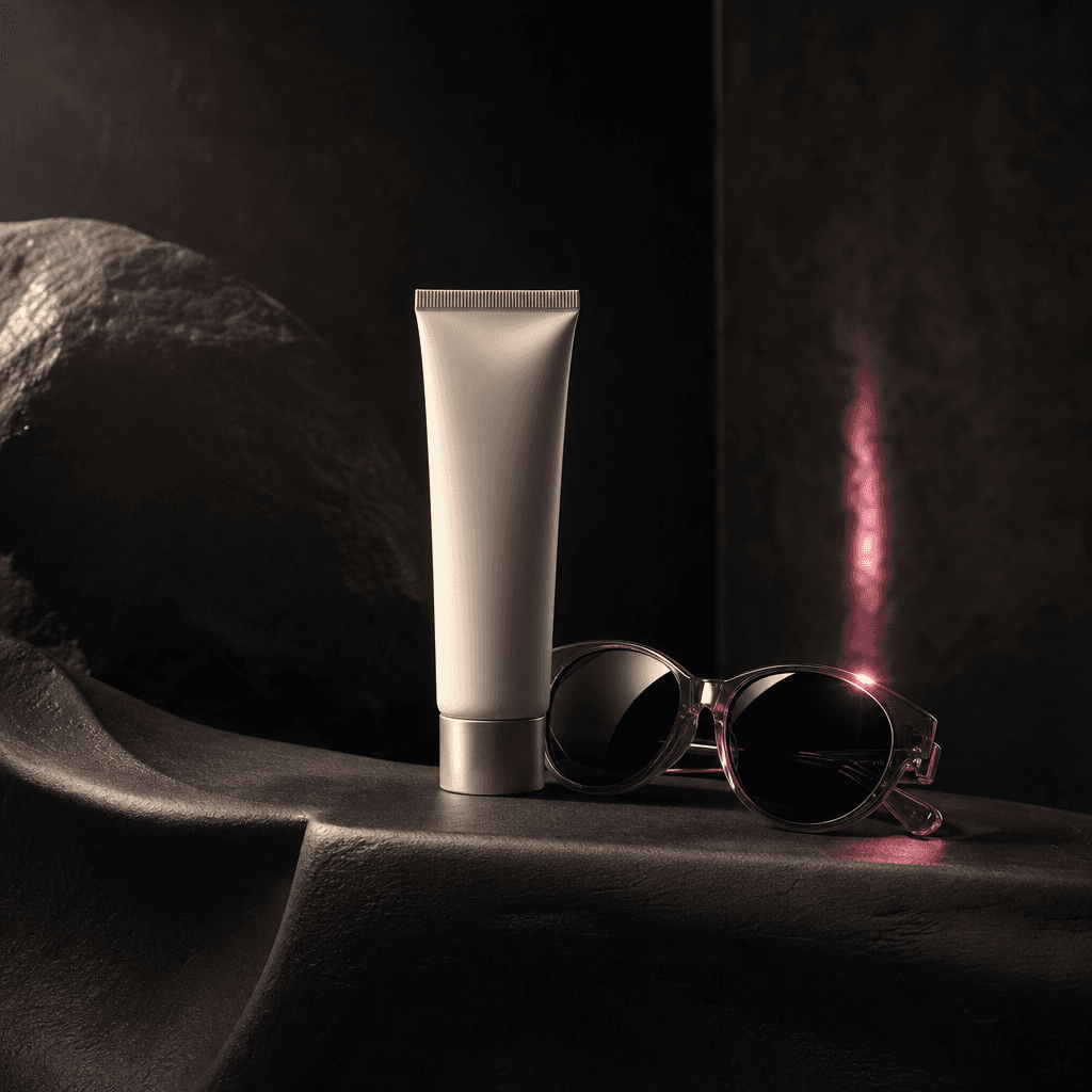 A minimal sunscreen tube beside sunglasses on a dark sculptural surface, suggesting a polished day trip without showing