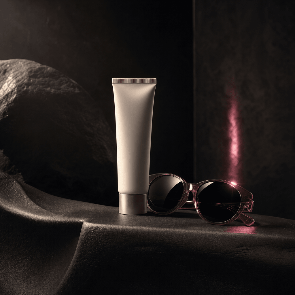 A minimal sunscreen tube beside sunglasses on a dark sculptural surface, suggesting a polished day trip without showing