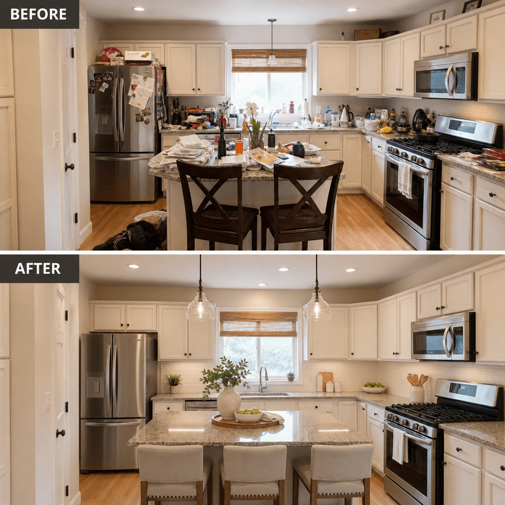 Before: messy kitchen with clutter and disorganization. After: clean, open kitchen with organized counters, professional