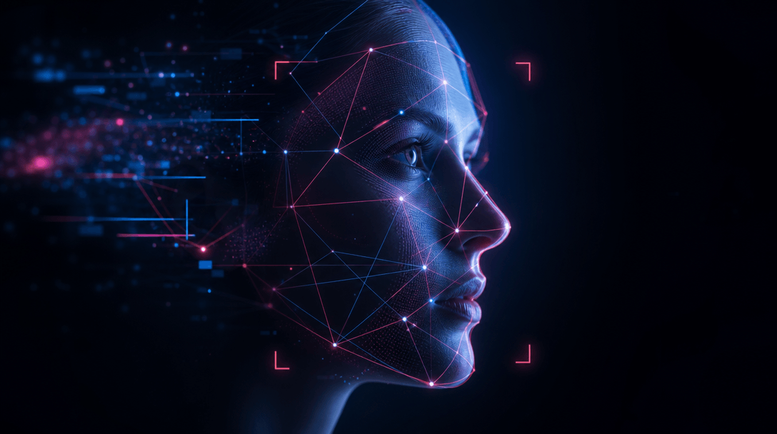 Abstract visualization of face mapping and detection, geometric digital lines in hot pink and cool blue over a face prof