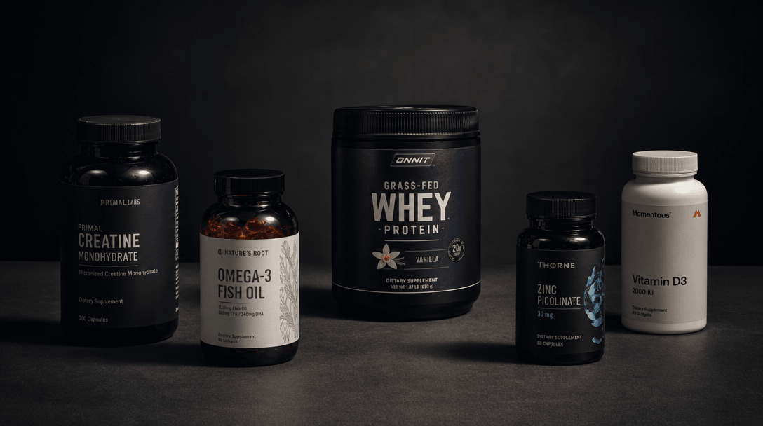 Five supplement product bottles arranged in a loose editorial sequence on a dark matte surface, each catching a differen