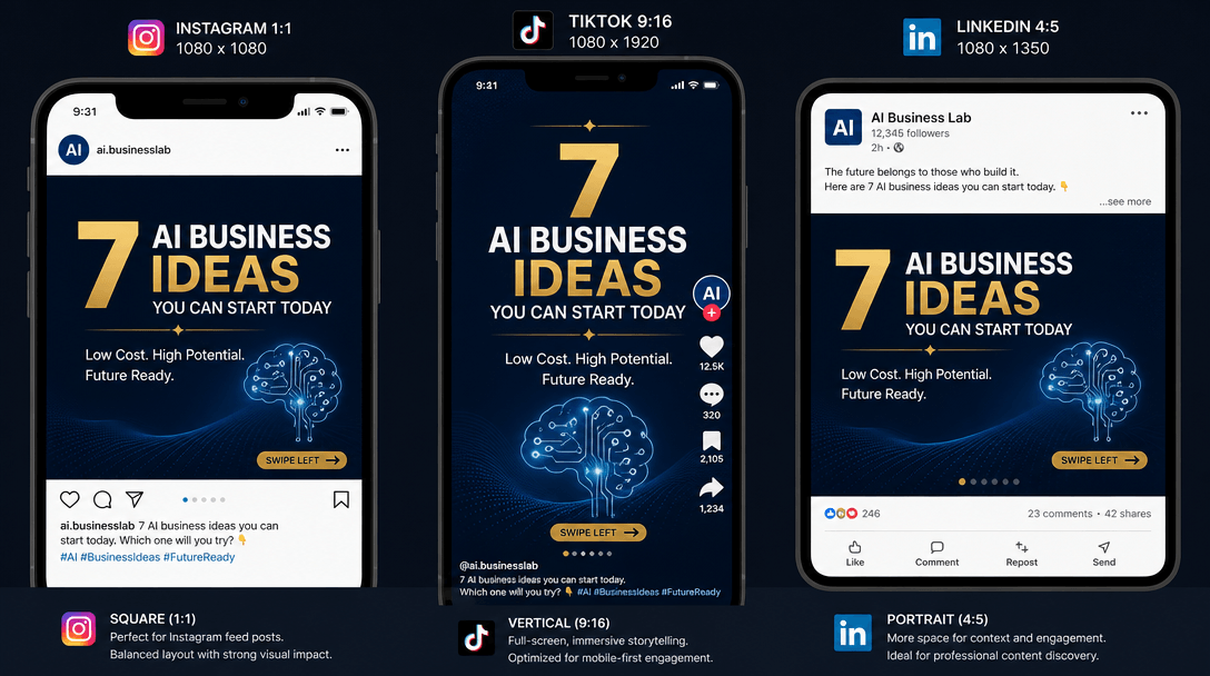 Split-screen composition showing same carousel design adapted across three phone screens with different aspect ratios (I
