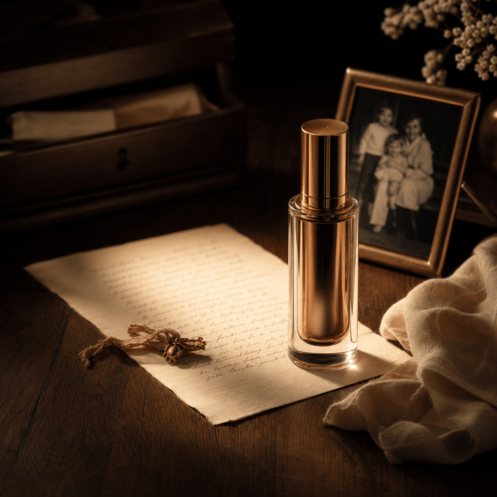 A premium skincare bottle beside a handwritten personal letter, childhood keepsake, and small framed family photograph o