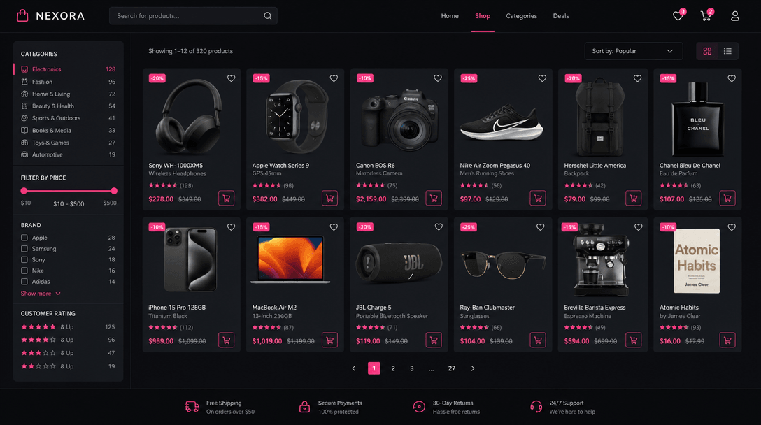 E-commerce product marketplace grid abstraction. Multiple product thumbnails arranged in professional grid layout. Clean