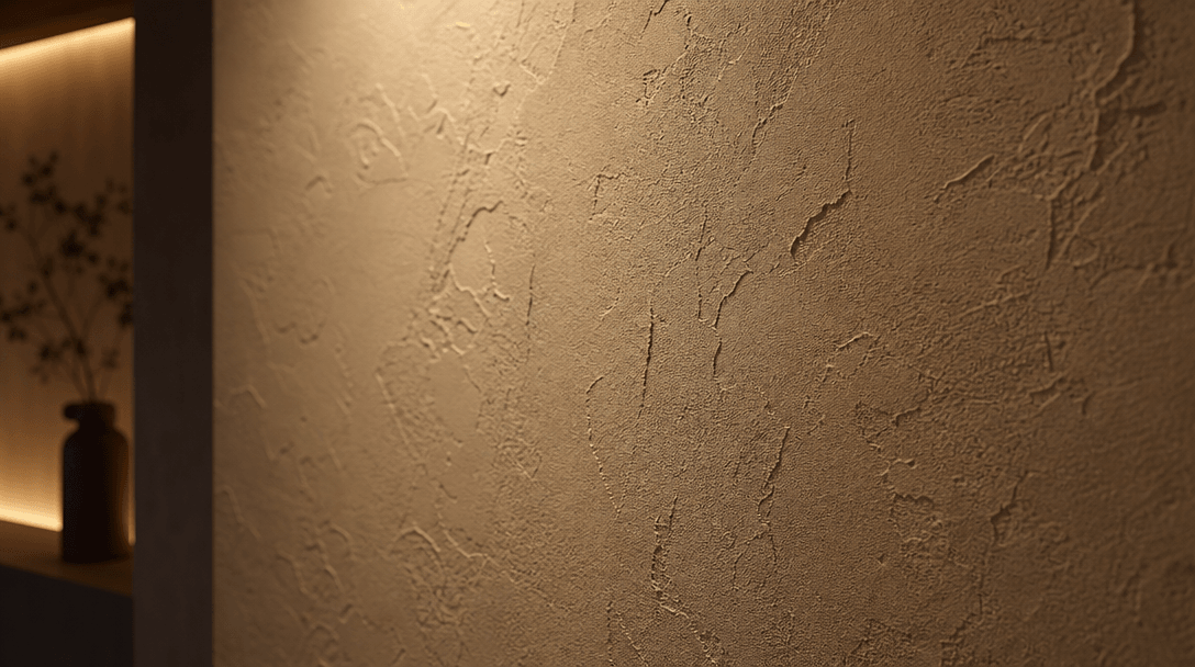 Textured wall surface with warm ambient lighting. Close-up of quality material. Soft shadows and depth. Premium interior