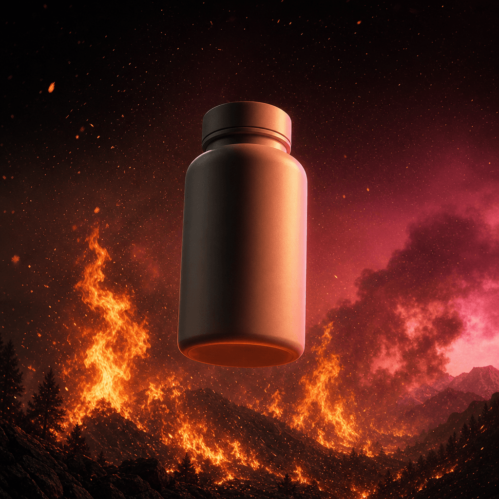 A minimal supplement bottle suspended above a wildfire landscape, flames frozen in dramatic mid-burst, dark ember-partic