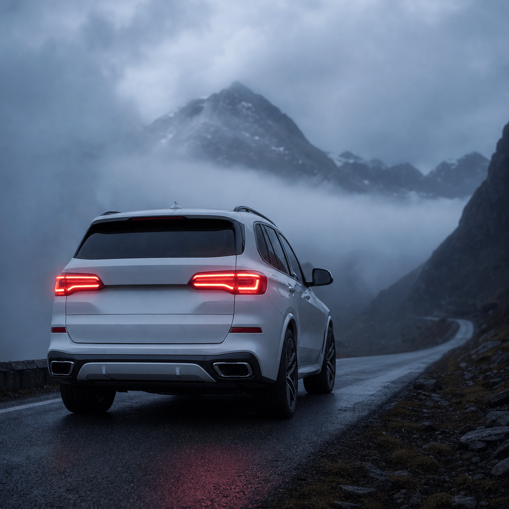 Editorial automotive square image: pearl white luxury SUV photographed from behind on a mountain road at dusk, dense fog