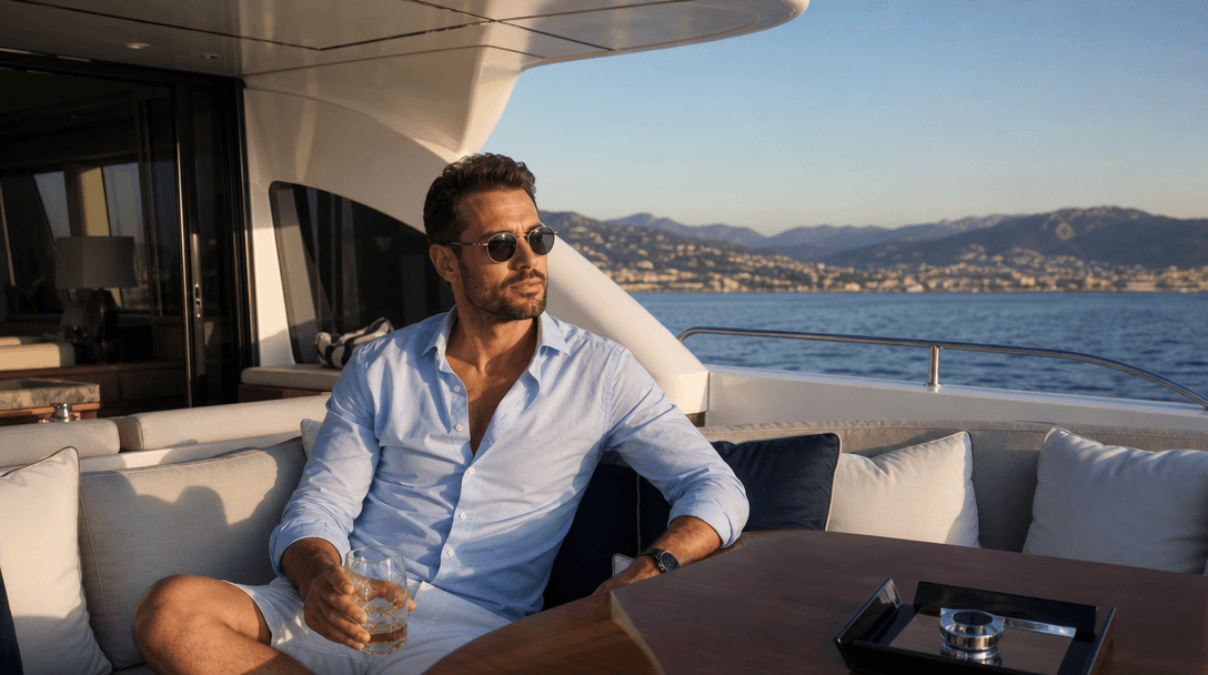 Person integrated into luxury yacht setting with professional compositing: natural lighting matching, realistic shadow c