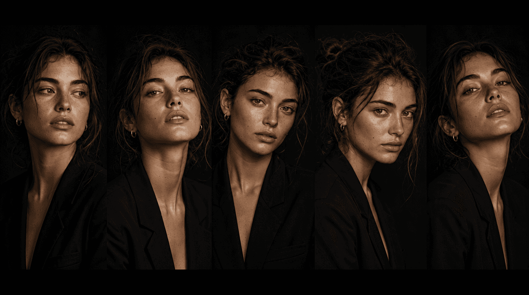 A horizontal cinematic strip of five portrait compositions sharing identical lighting and color grade with subtle variat