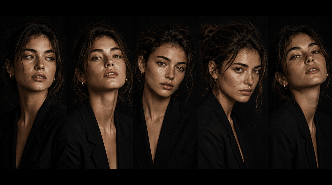 A horizontal cinematic strip of five portrait compositions sharing identical lighting and color grade with subtle variat