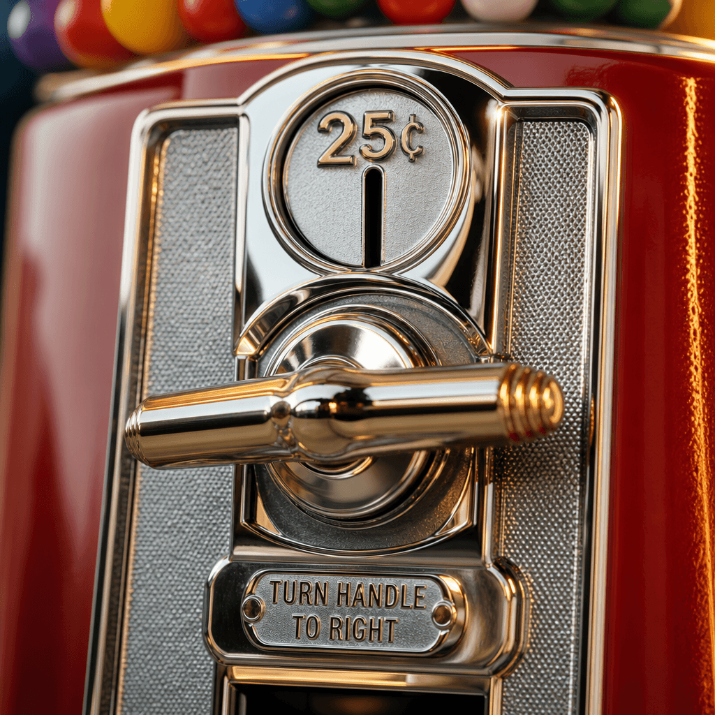 Close-up of a gleaming gumball machine coin slot and lever. Chrome and brass details with warm edge lighting and shallow
