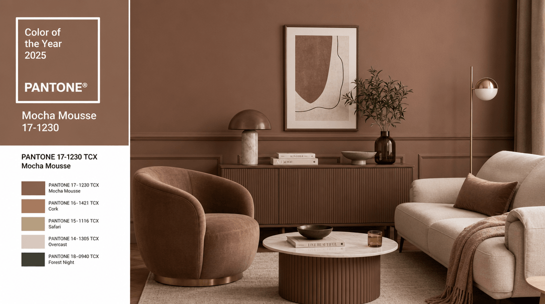 Interior design photograph showing Pantone color card display with matching room elements, official color palette refere